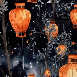 Orange Glowing Chinese Paper Lanterns Watercolor