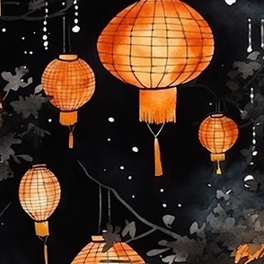 Orange Glowing Chinese Paper Lanterns Watercolor