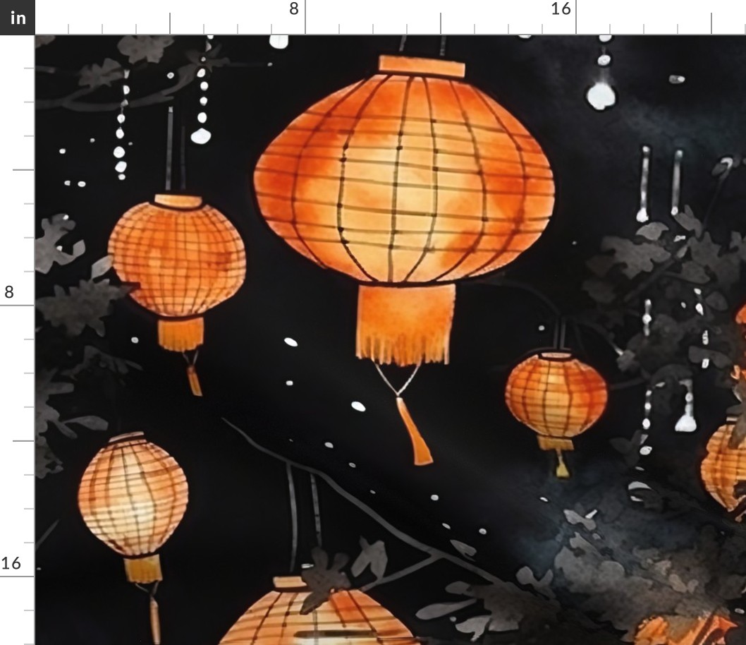 Orange Glowing Chinese Paper Lanterns Watercolor