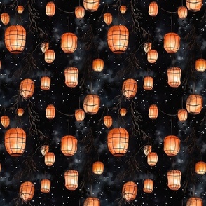 Small Orange Glowing Chinese Paper Lanterns Watercolor