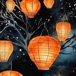 Orange Glowing Chinese Paper Lanterns Watercolor