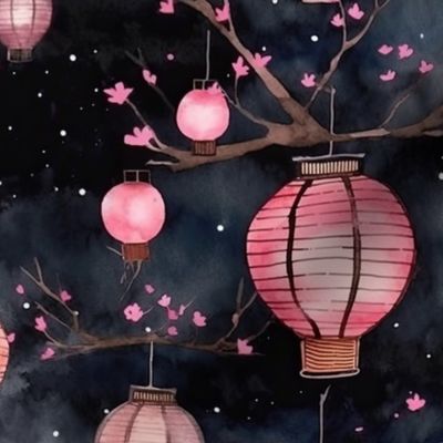 Small Pink Glowing Chinese Paper Lanterns Watercolor