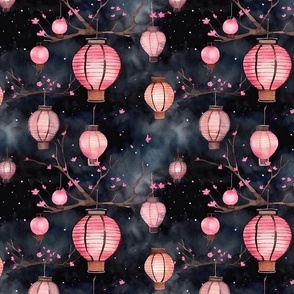 Small Pink Glowing Chinese Paper Lanterns Watercolor