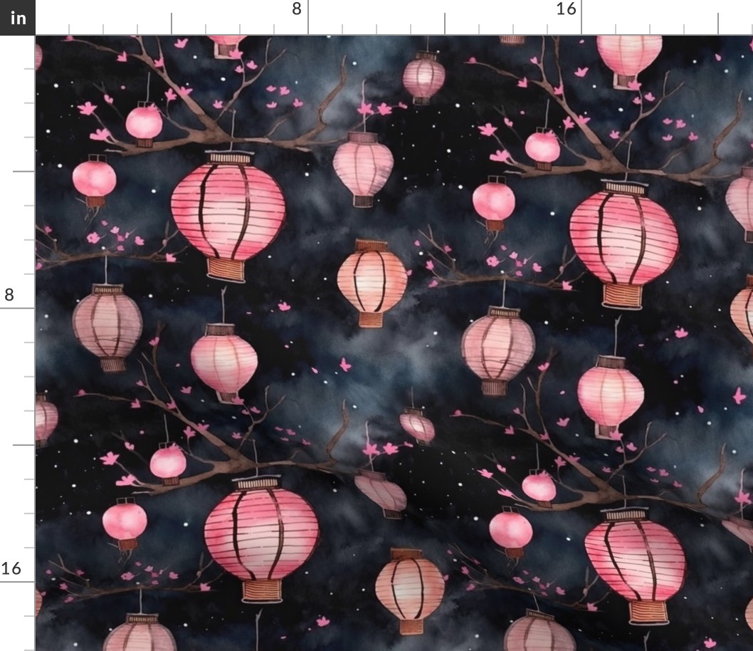 Small Pink Glowing Chinese Paper Lanterns Watercolor