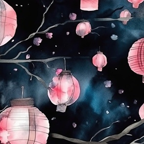 Glowing Chinese Paper Lanterns Watercolor