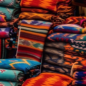 colorful hand loomed Navajo rugs at Indian Market Santa Fe