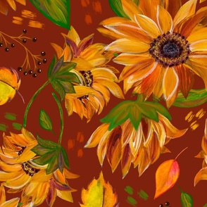 Autumn Sunflowers on Brick Red