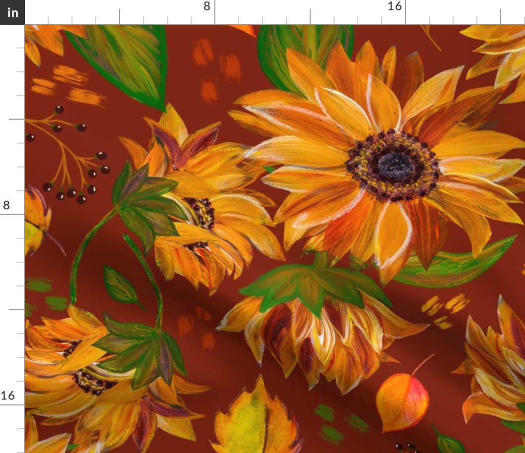 Autumn Sunflowers on Brick Red