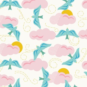Medium-Scale, scattered sky design with pink clouds, blue birds, and suns with fun movement. 