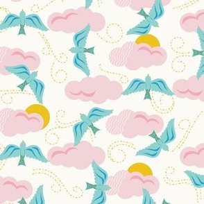 Small-Scale, scattered sky design with pink clouds, blue birds, and suns with fun movement. 