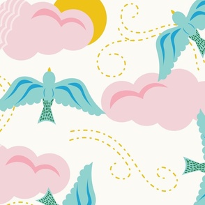 Large-Scale, scattered sky design with pink clouds, blue birds, and suns with fun movement. 
