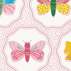 Medium-Scale, sweet moth and butterfly print in colors of pink, yellow, kelly green, and blues.  