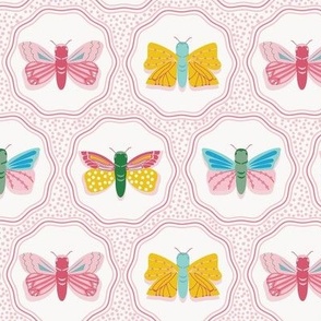 Small-Scale, sweet moth and butterfly print in colors of pink, yellow, kelly green, and blues.  
