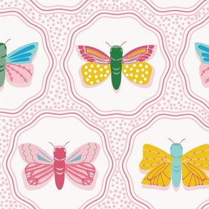  Large-Scale, sweet moth and butterfly print in colors of pink, yellow, kelly green, and blues.  

