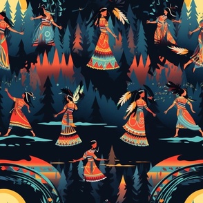 Forest Dance around the Tribal Fire in the Light of the Full Moon