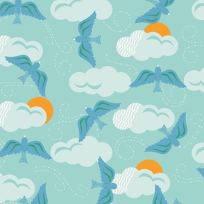 Medium-scale, scattered sky design with aqua clouds, blue birds, and orange suns with fun movement. 
