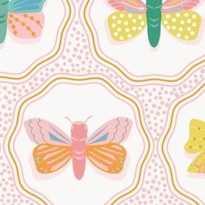Medium-Scale, sweet moth and butterfly print in colors of pink, lemon yellow, citrus green, soft orange, and blues.  

