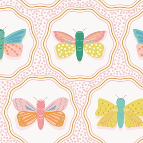  Large-Scale, sweet moth and butterfly print in colors of pink, lemon yellow, citrus green, soft orange, and blues.  