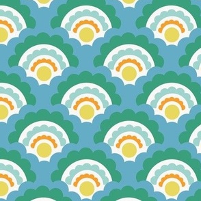  Chic scallop design in colors of blue, green, orange, and lemon yellow.
