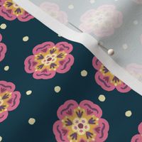 Polka Dot Flowers Floral Magical Meadow Cute Pink and Navy Blue