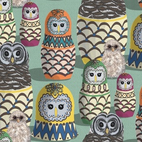 Owl Matryoshka Dolls - Green - BIG