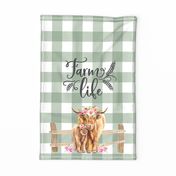 Farm Life Tea Towel / Highland Cows / Sage Green Plaid