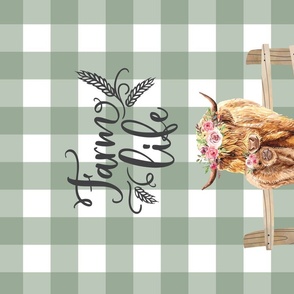 Farm Life Tea Towel / Highland Cows / Sage Green Plaid