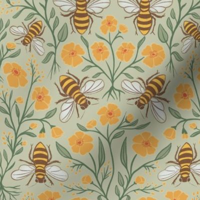 vintage honey bees and buttercups illustration