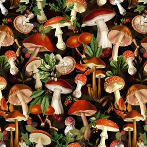 Enchanting Nostalgic Thanksgiving in the Forest: Dark Victorian Moody Fall Antiqued Home Decor on Black.  Dive into Antique Gothic Dark Mystic Botany with Psychedelic Mushroom Wallpaper,  Mushrooms Fabric, and Kitchen Tea Towel