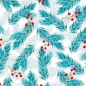 Watercolor Spruce Sprigs and Red Berries | Hand Painted | White 