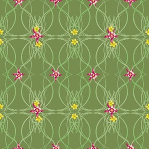 Green on olive green scrollwork with crimson star and buttercup flowers 