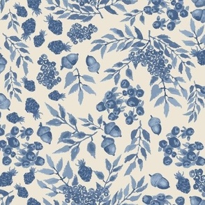 Leaves acorns berries and foliage, blue on cream, Sophisticated French Countryside