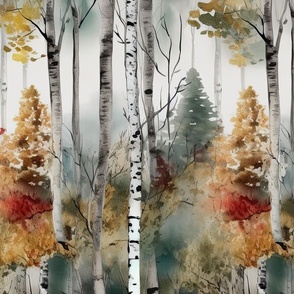 Endless Birch Tree Dreamscape Trees in Misty Forest Watercolor 