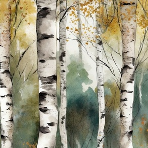 Endless Birch Tree Dreamscape Trees in Misty Forest Watercolor 