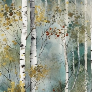 Endless Birch Tree Dreamscape Trees in Misty Forest Watercolor 