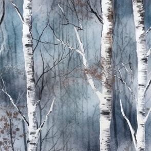 Endless Silver Birch Tree Dreamscape Trees in Misty Forest Watercolor 