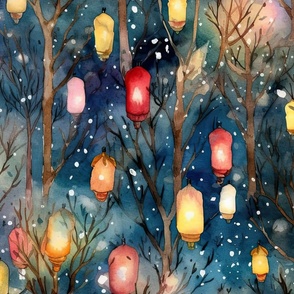 Watercolor Christmas Tree Farm with Christmas Lights