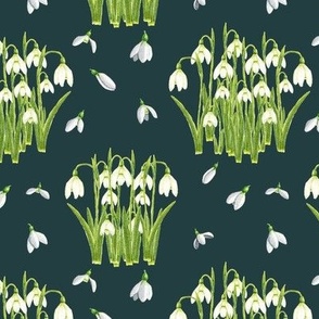 Watercolor Snowdrops Hand Painted Floral Pattern Dark Green Background