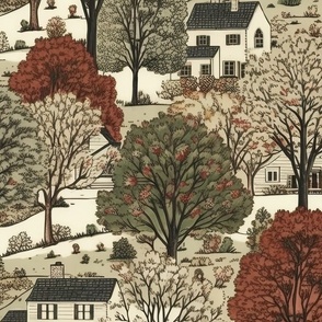 New England Village Houses with Trees in Muted Colors
