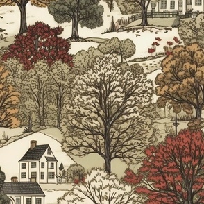 New England Village Houses with Trees in Muted Colors