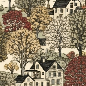 New England Village Houses with Trees in Muted Colors