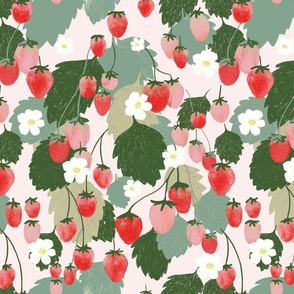 Red Strawberries with Green Leaves and Flowers on Pink