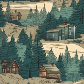 Montana Treescape Evergreens with Cabins