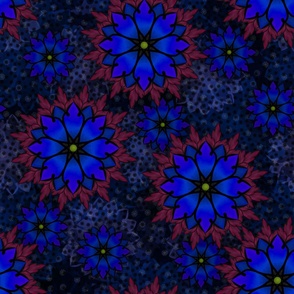 Maximalist Geometric Arrowhead Flowers Mandala - Blue and Red