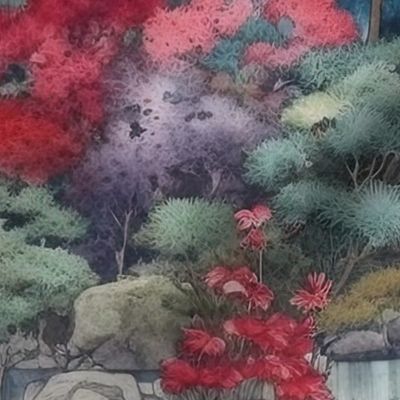 Japanese Water Garden Watercolor with Temples