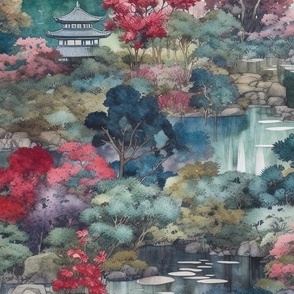 Japanese Water Garden Watercolor with Temples