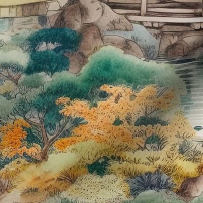 Japanese Water Garden Watercolor with Temples