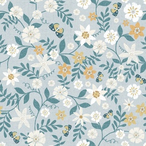 Textured Trailing Flowers & Butterflies in Blues, Teal & Mustard (Large)