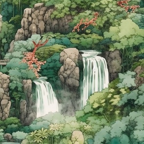 Japanese Water Garden with Waterfalls