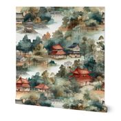 Chinese Village in Forest Watercolor